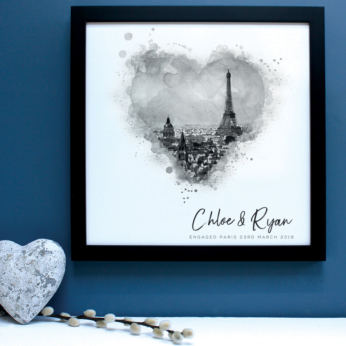 black and white illustration of paris in black frame