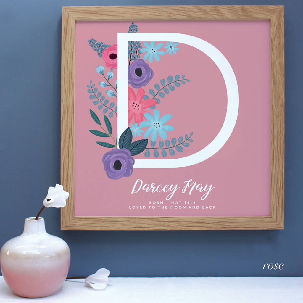Gift for New Baby occasion with large D and pink background in an oak frame