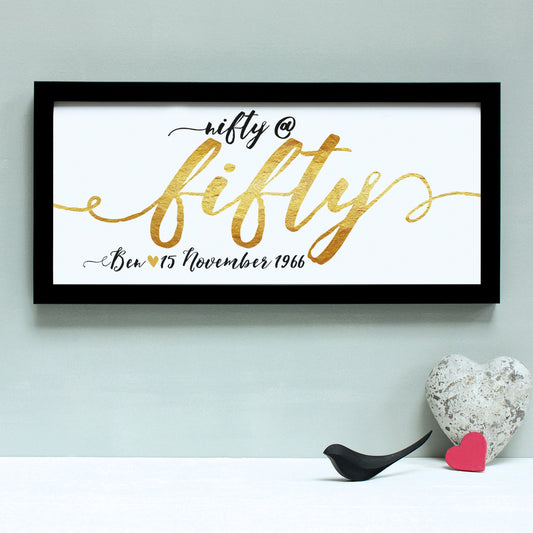 gold fifty birthday age print, white frame