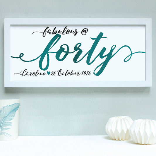 teal forty birthday age print, white frame