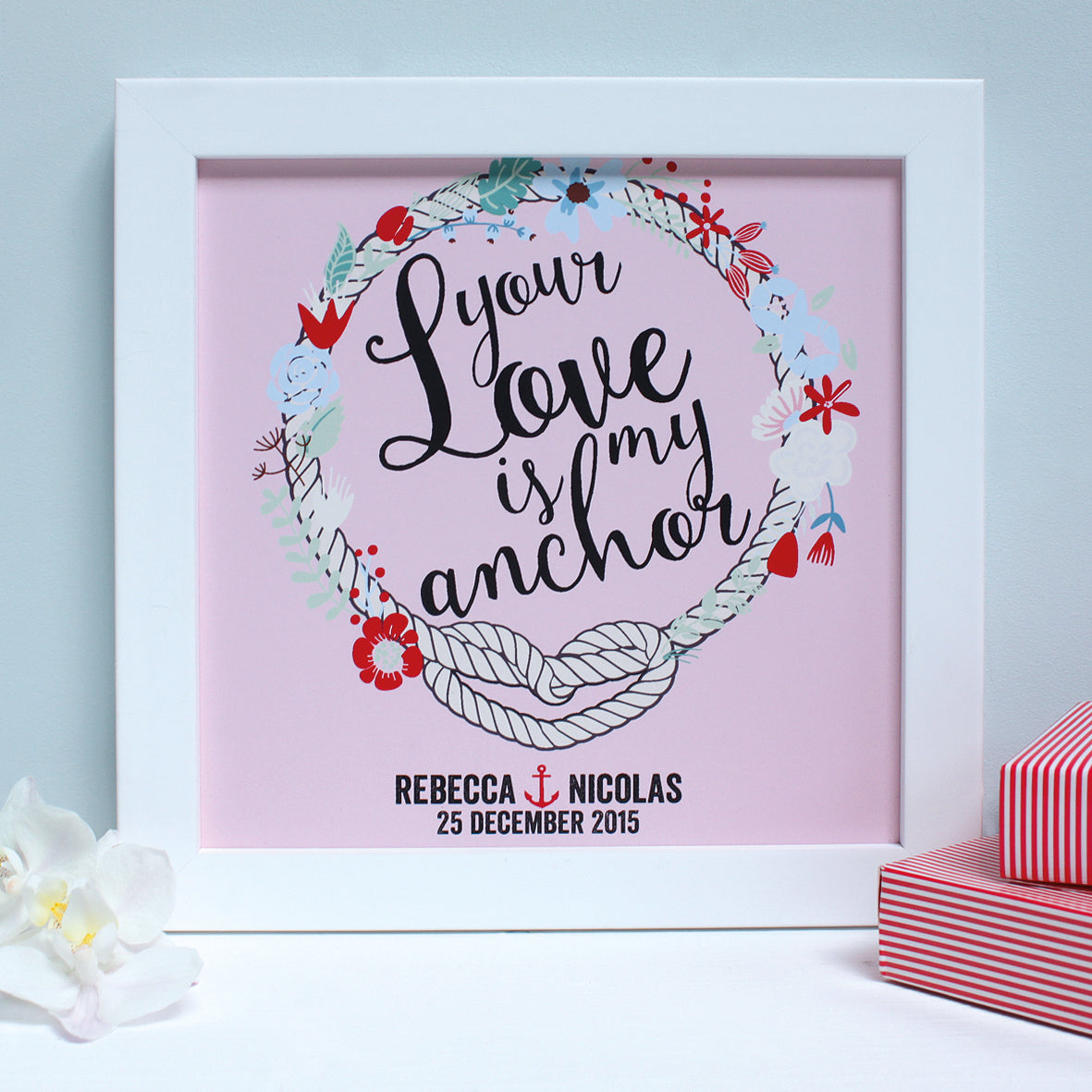 personalised raspberry engagement print, white frame