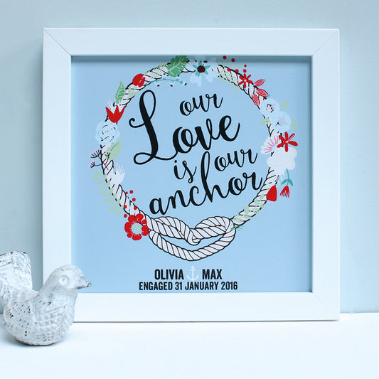 personalised powder blue engagement print, white frame