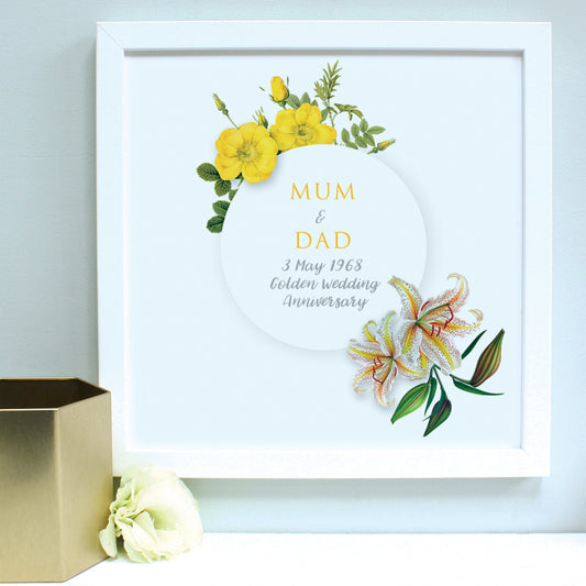 anniversary print personalised golden flowers, white frame