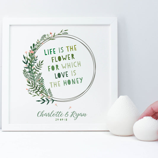 first anniversary framed print surrounded by flowers in a white frame