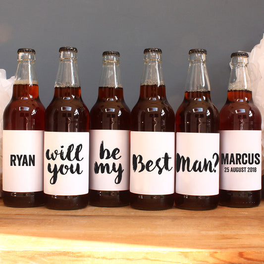 personalised black lettering on beer label, best man