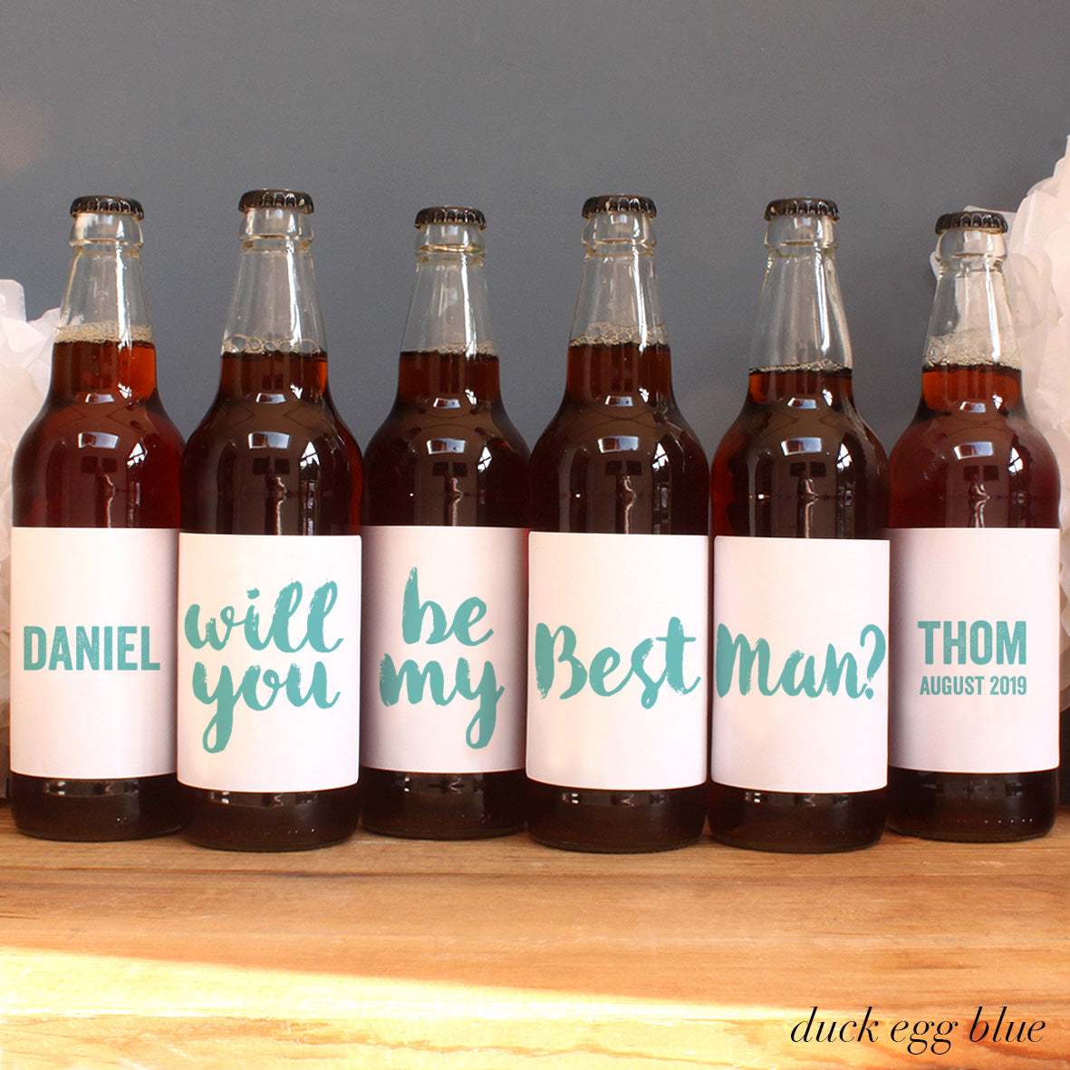 personalised duck egg lettering on beer label, best man