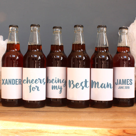 personalised stone blue lettering on beer label, best man
