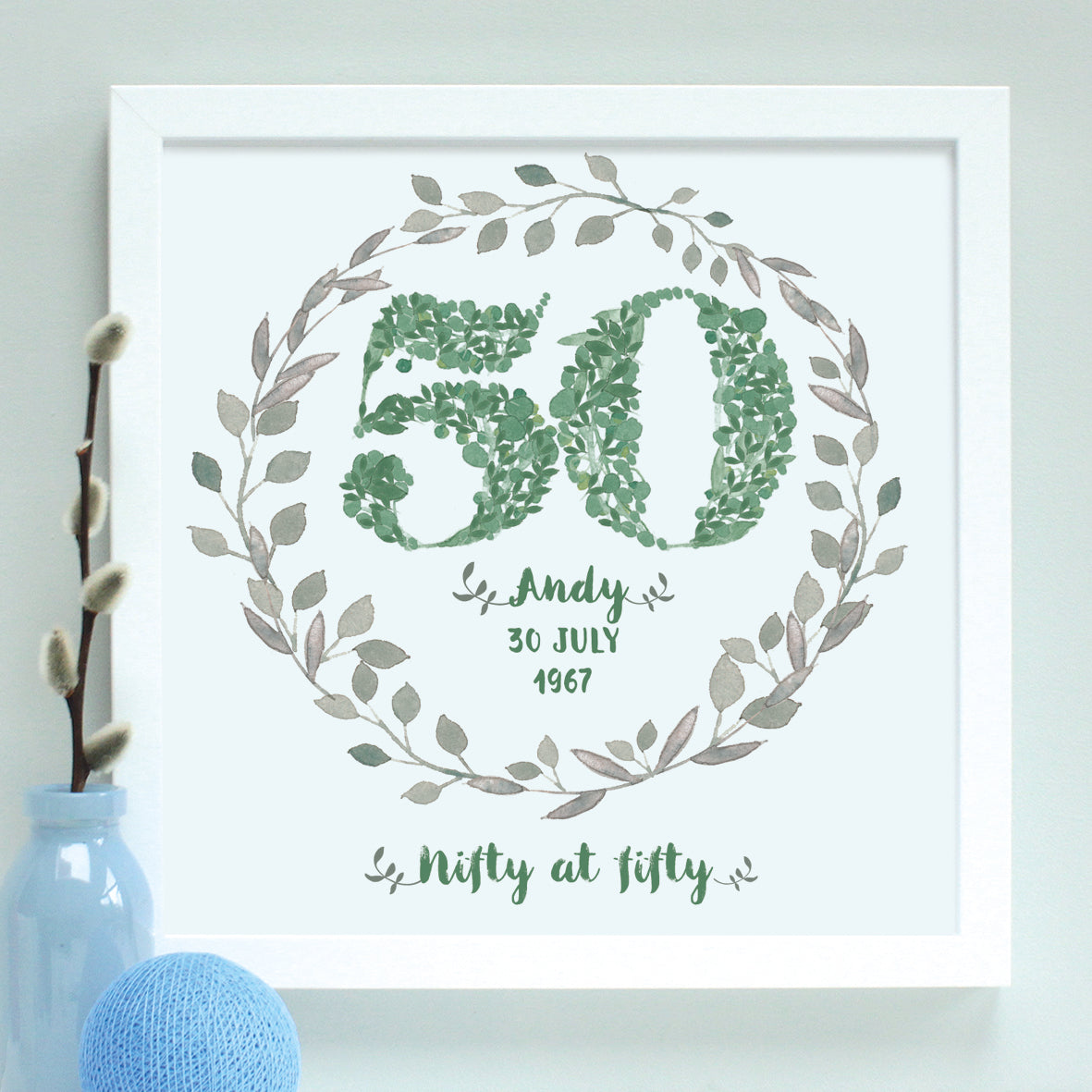 green foliage 50th floral birthday print, white frame
