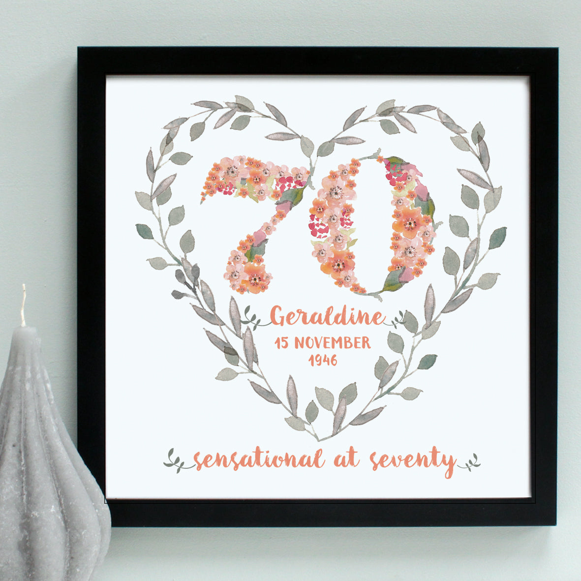 personalised peach 70th birthday heart, black frame