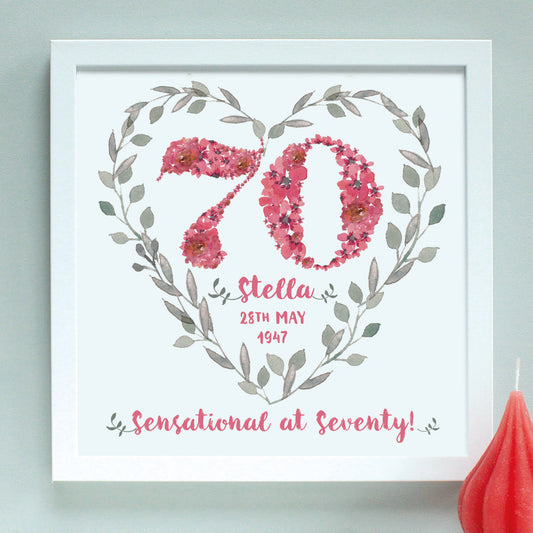 deep pink personalised 70 birthday age print, white frame