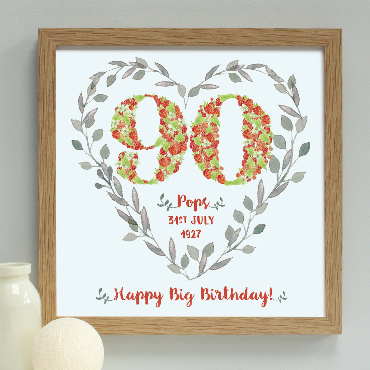 strawberries 90th birthday floral heart print, oak frame