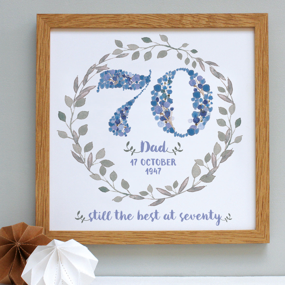 watery blue bespoke 70th birthday floral print, oak frame