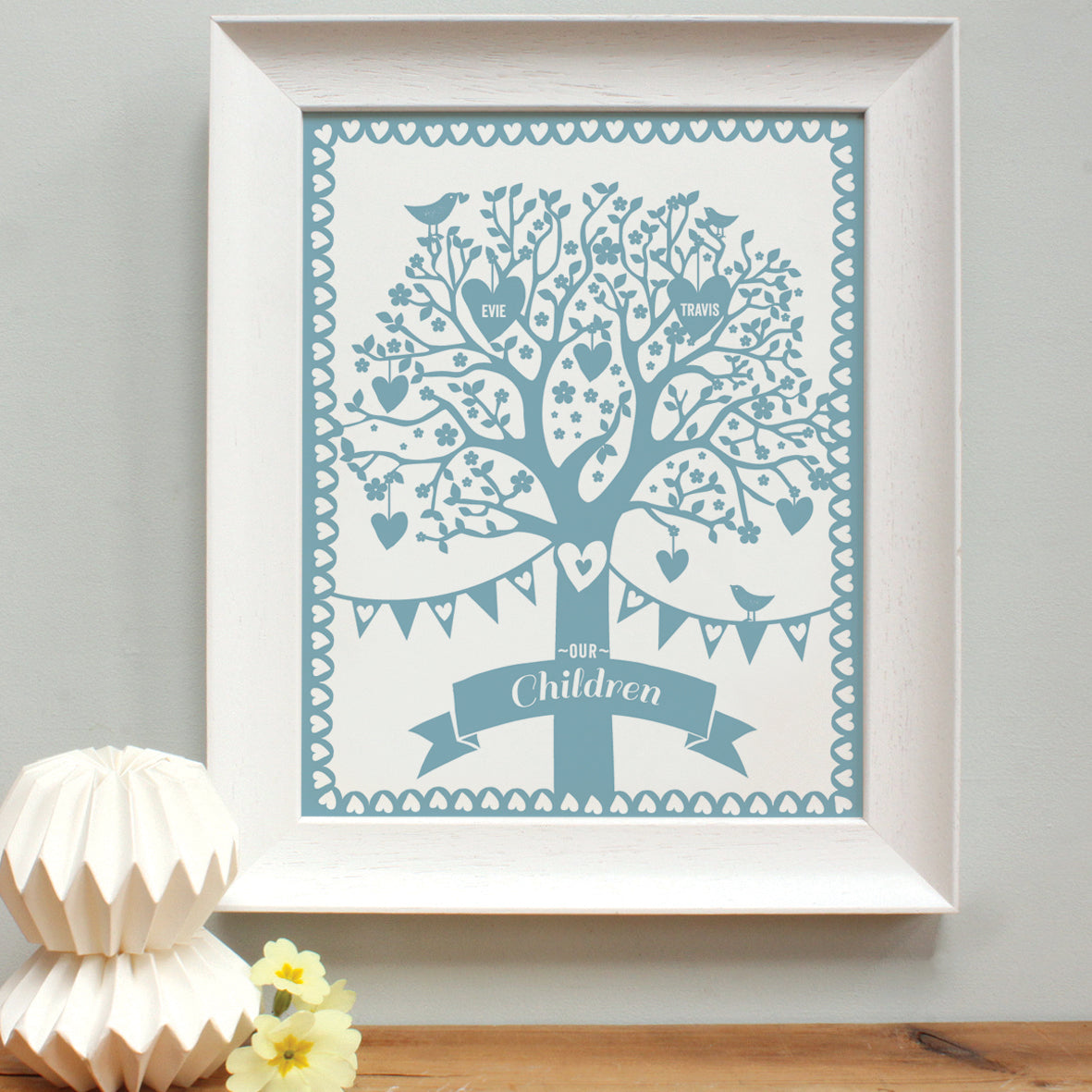 personalised family tree print, duck egg, white frame