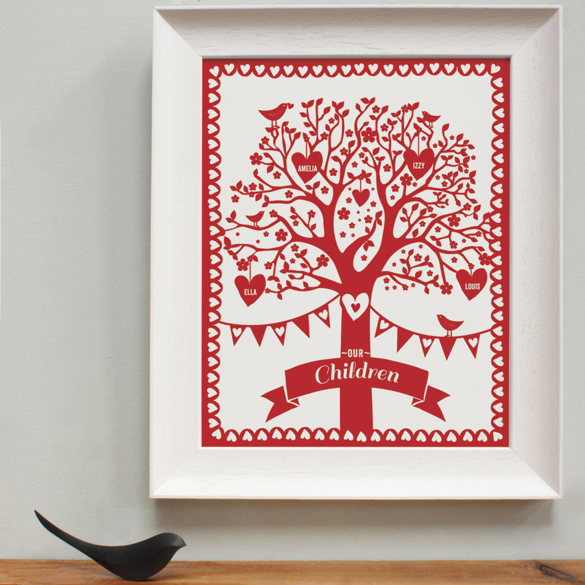 personalised rich red family tree print, white frame