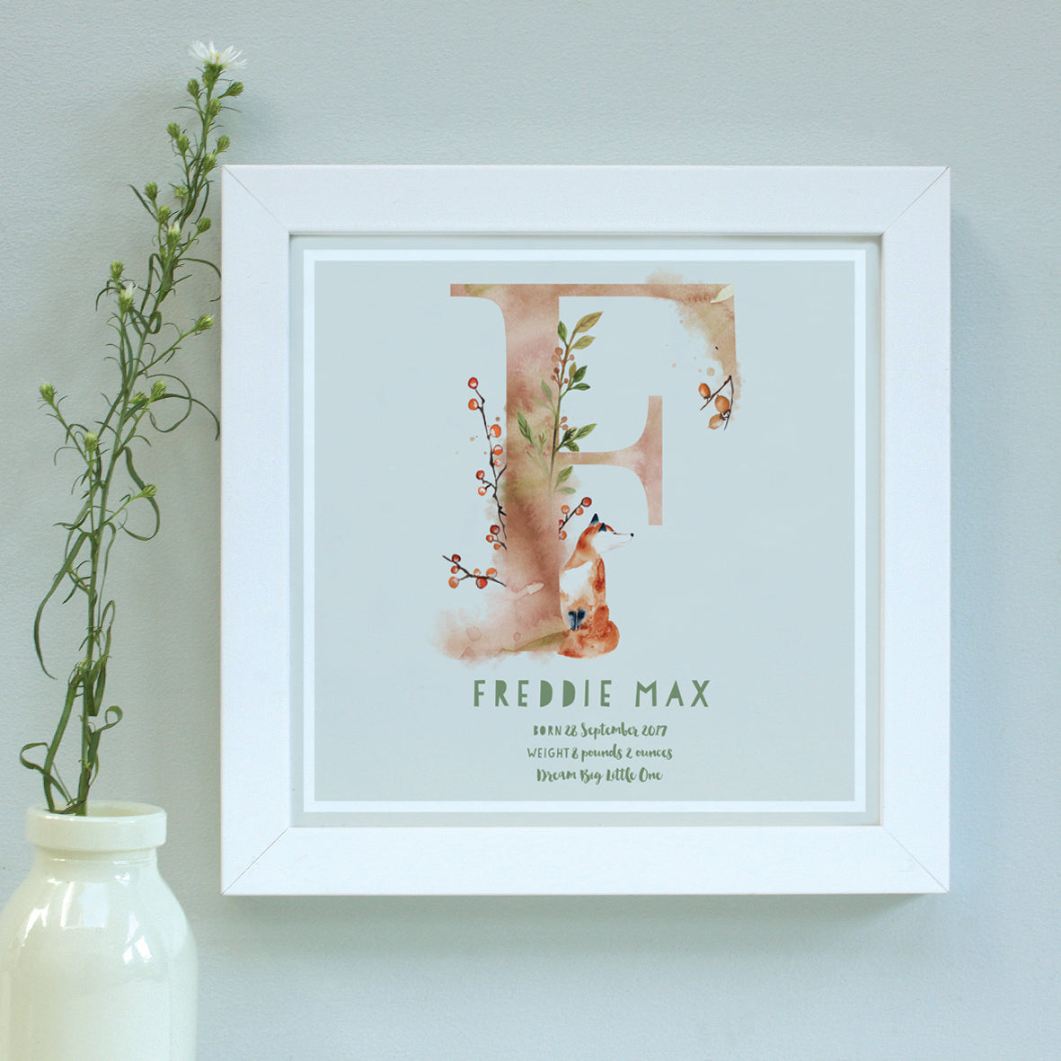 personalised dove grey new baby print, white frame