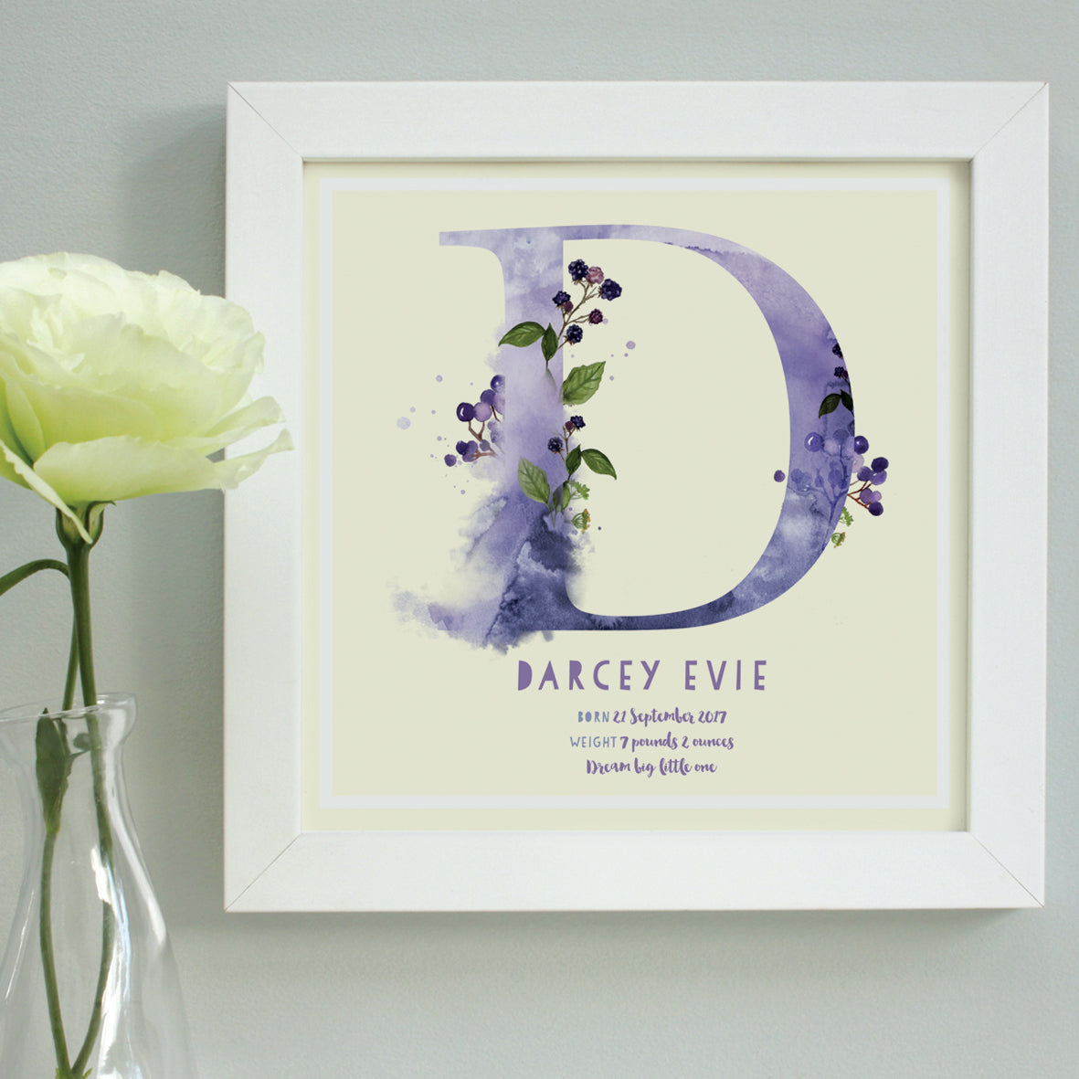 personalised lemon new baby print, white frame