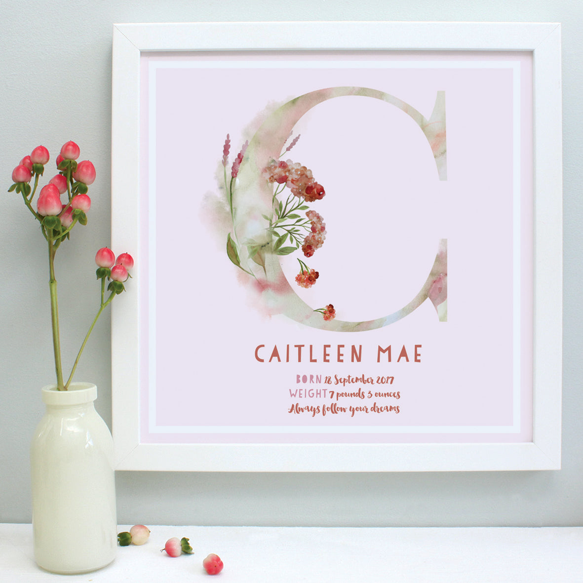 personalised blush new baby print, white frame
