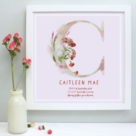 personalised blush new baby print, white frame