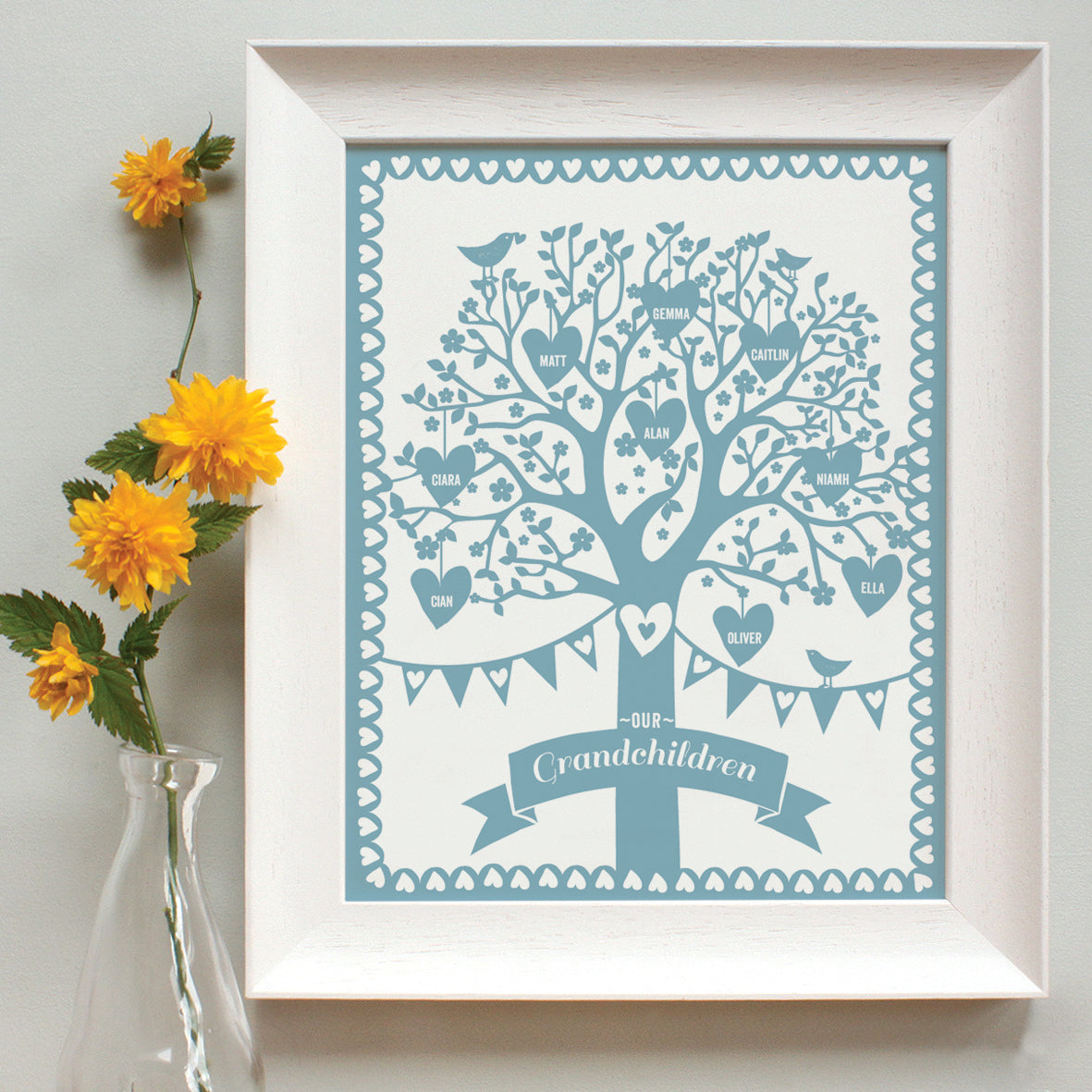 personalised grandchildren duck egg blue family tree, white frame