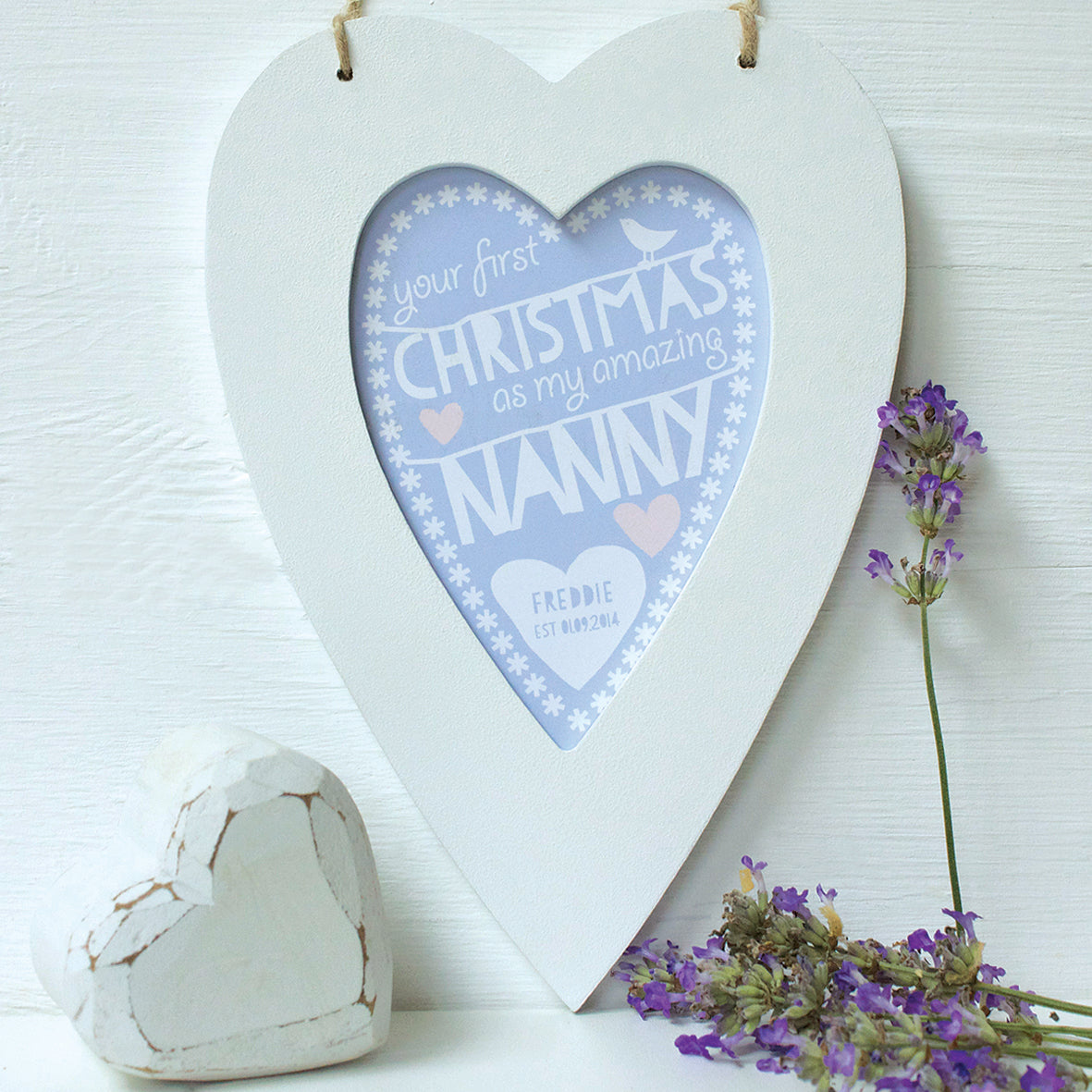 first christmas nanny, white heart frame