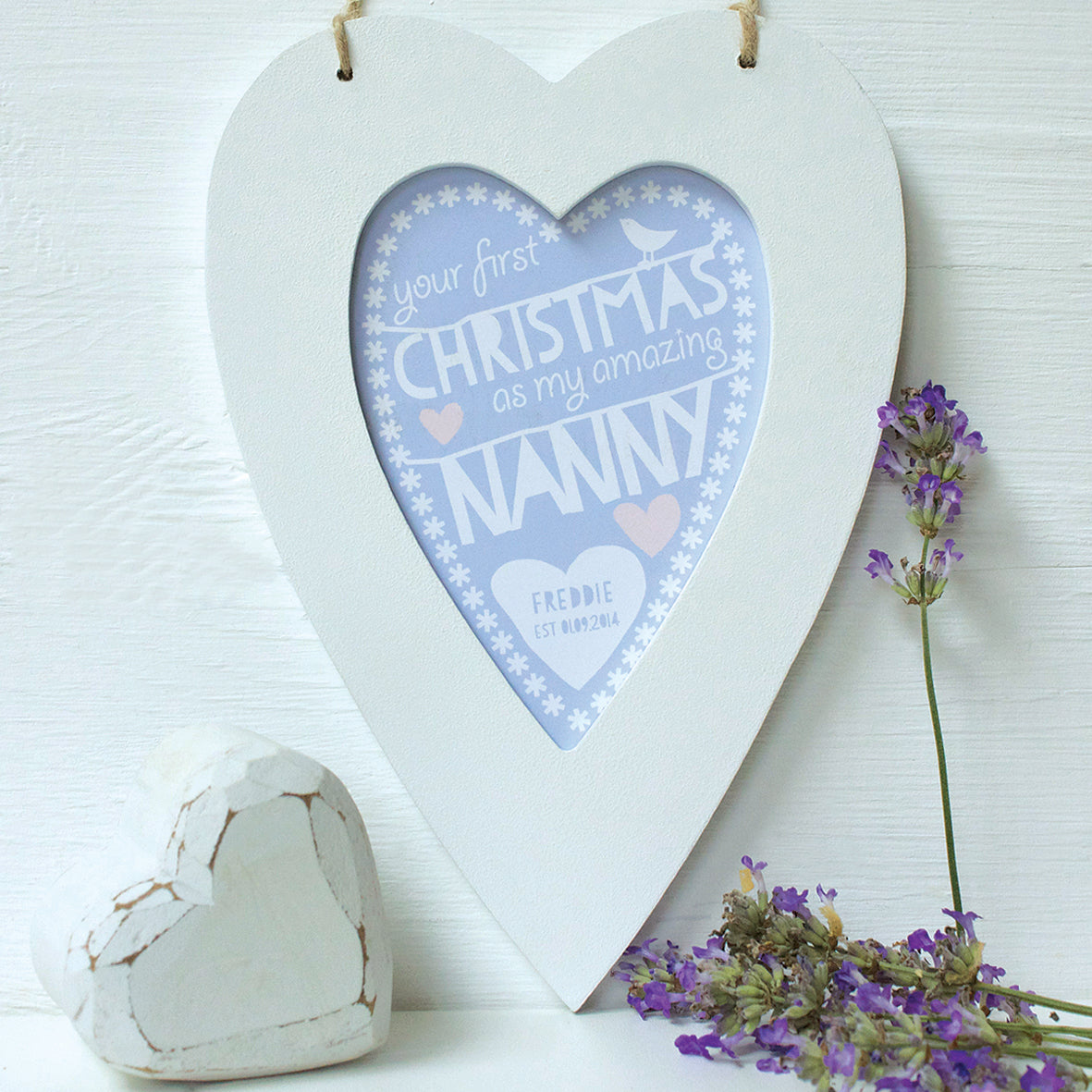 personalised first christmas nanny print, white heart