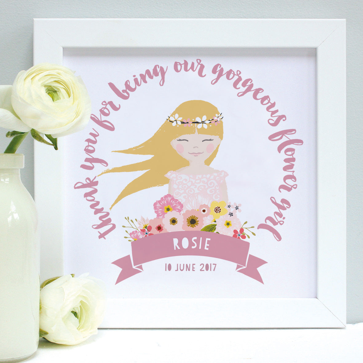 personalised rose flower girl portrait print, white frame