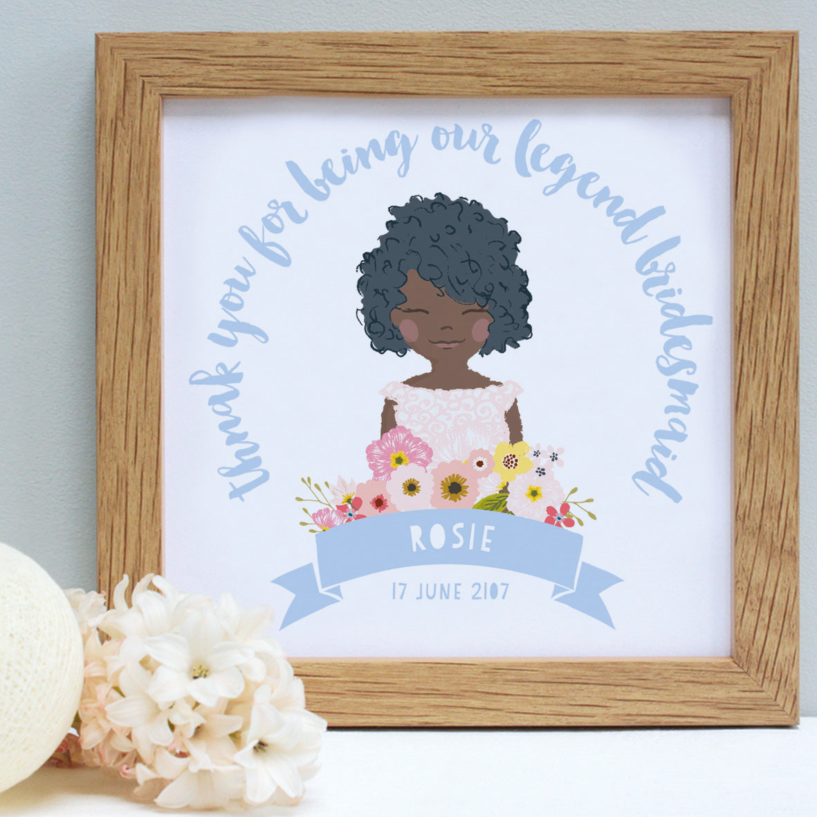 personalised powder blue flower girl portrait print