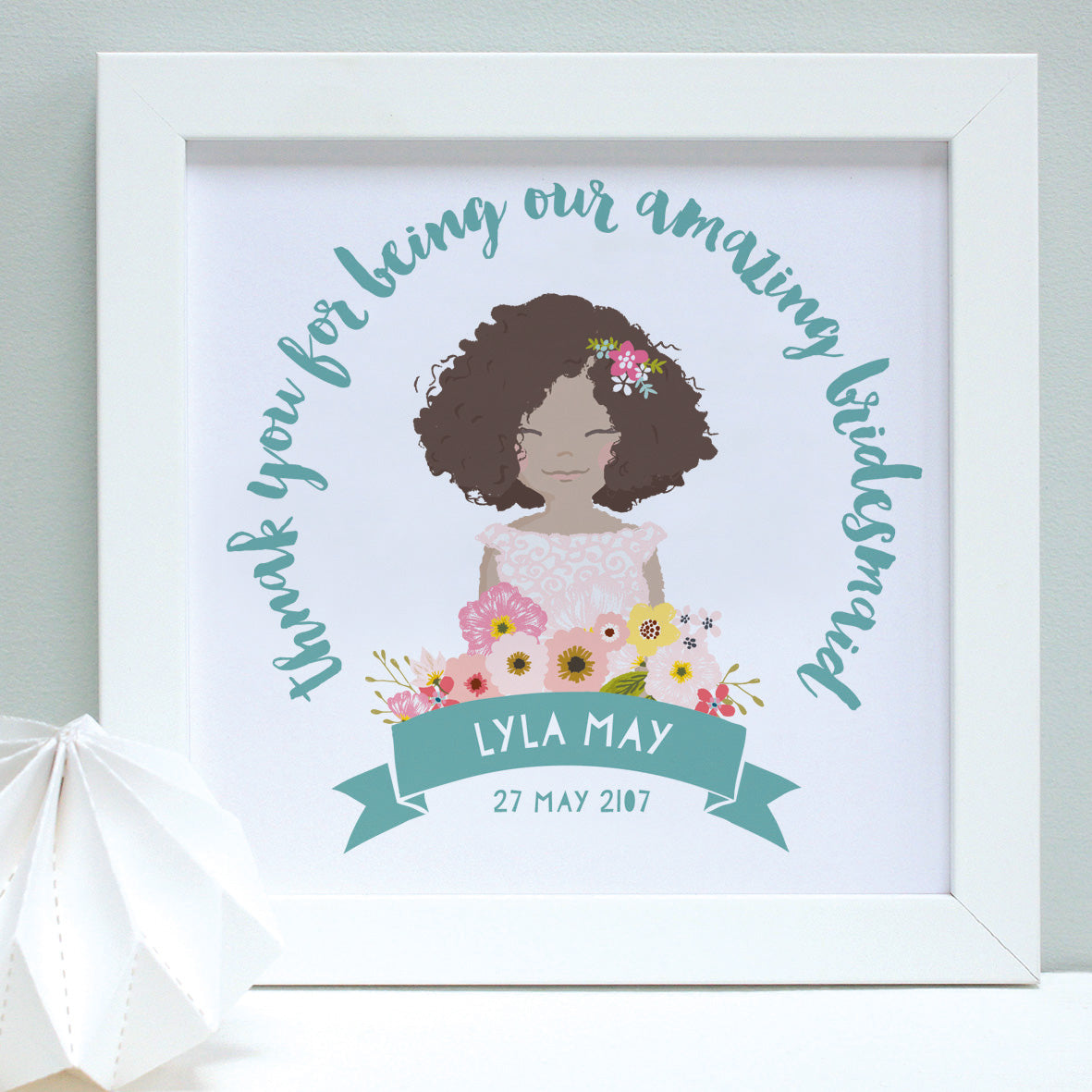 personalised aqua flower girl portrait print