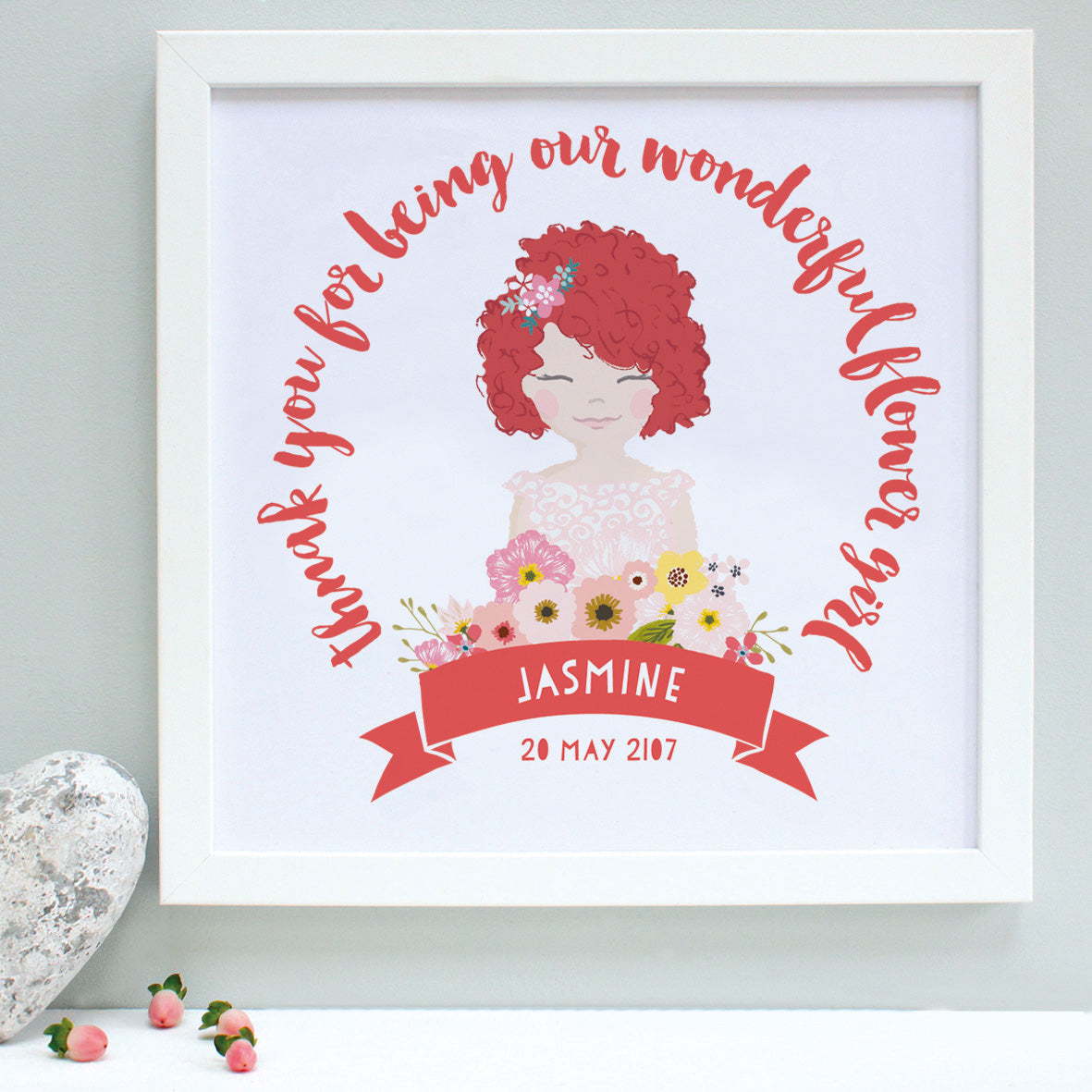 personalised coral flower girl portrait print