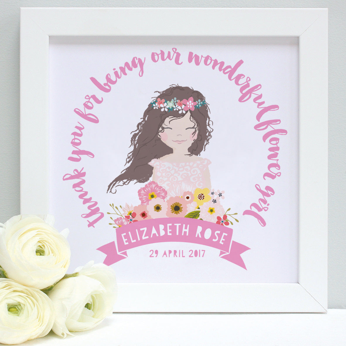 personalised flower girl portrait print, white frame