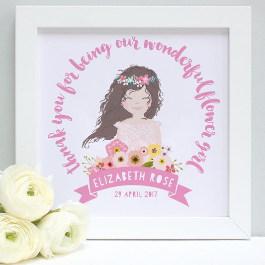 personalised flower girl portrait print, white frame