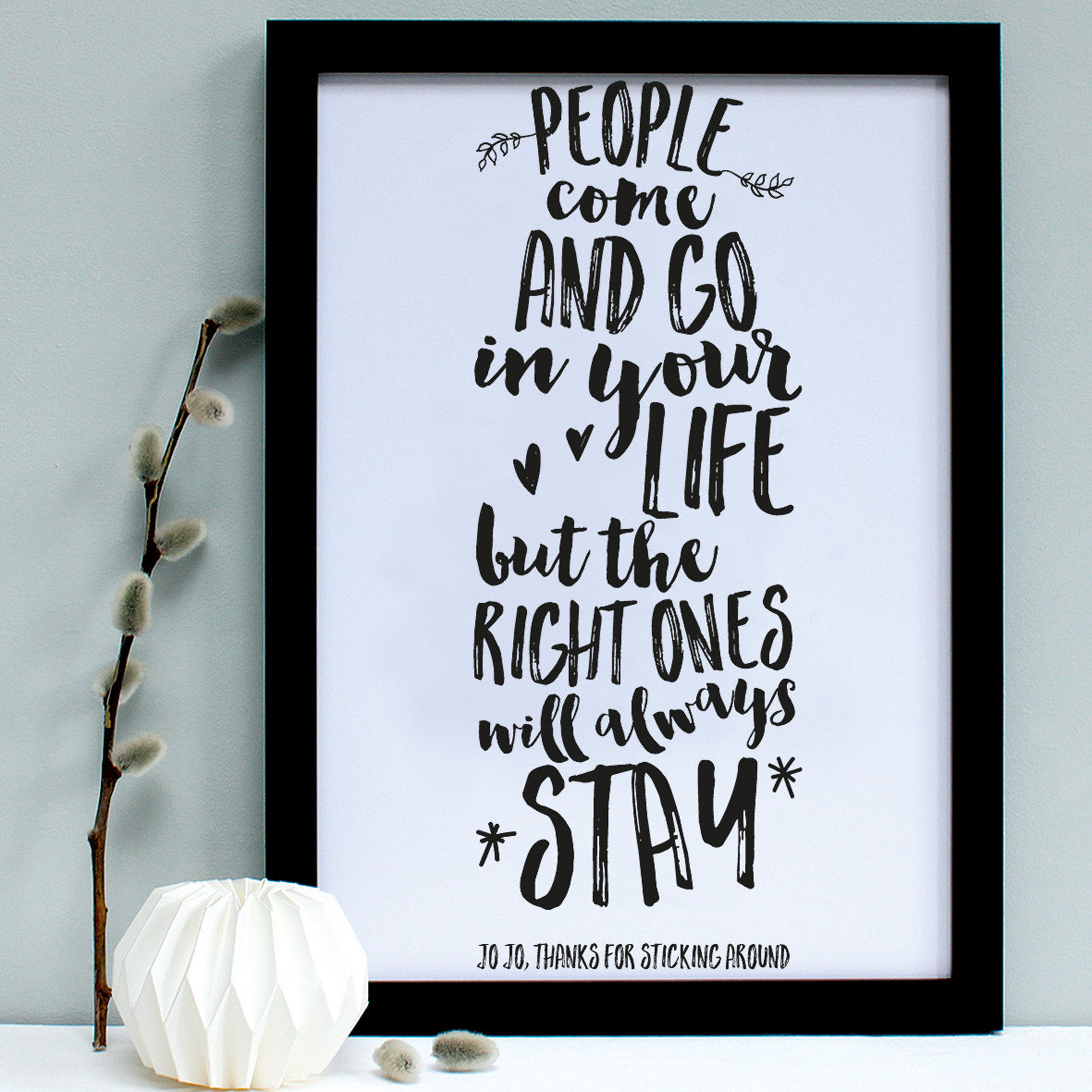personalised black friend quote print, black frame