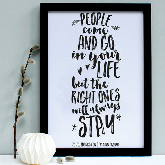 personalised black friend quote print, black frame