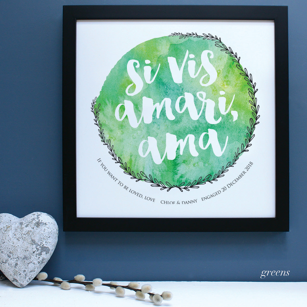Personalised latin engagement print, greens