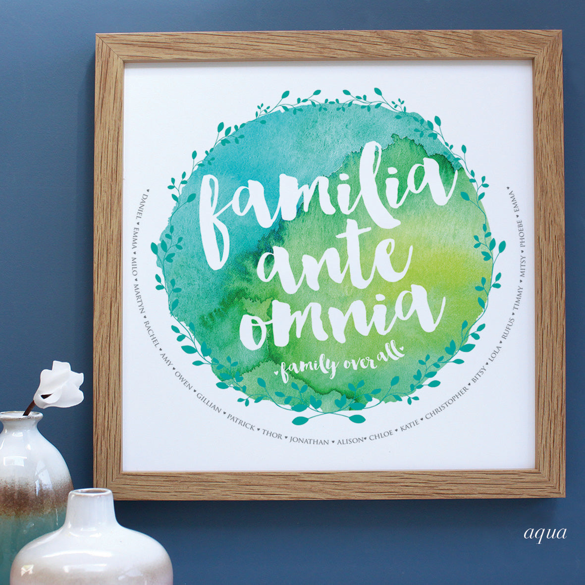 personalised aqua watercolour family tree, oak frame