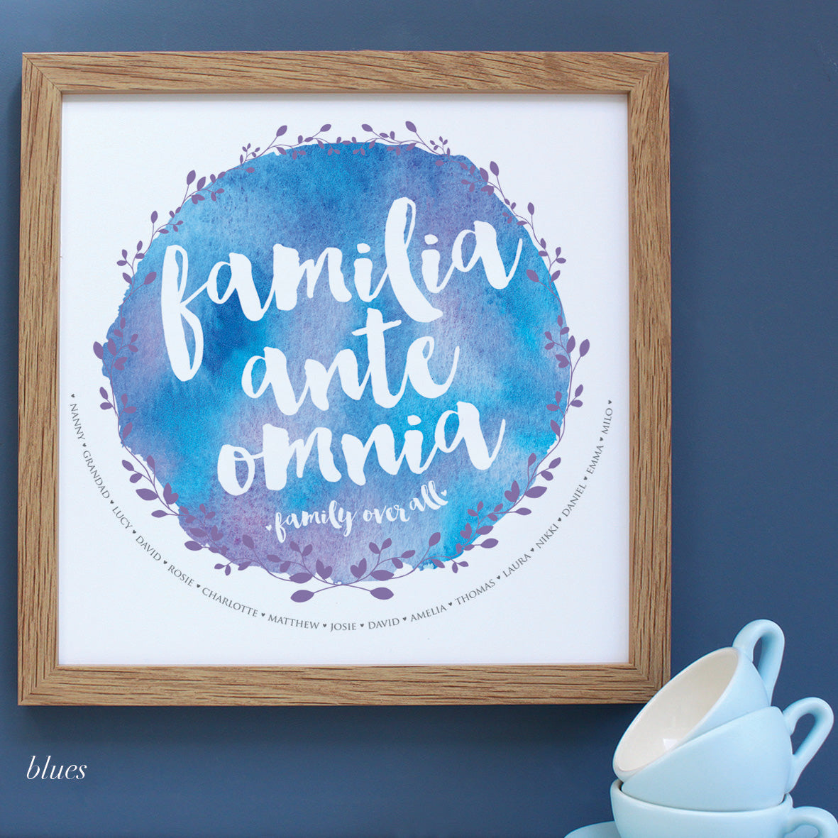 personalised blues watercolour family tree, oak frame