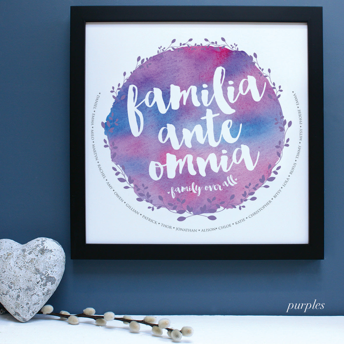 personalised purples watercolour family tree, black frame