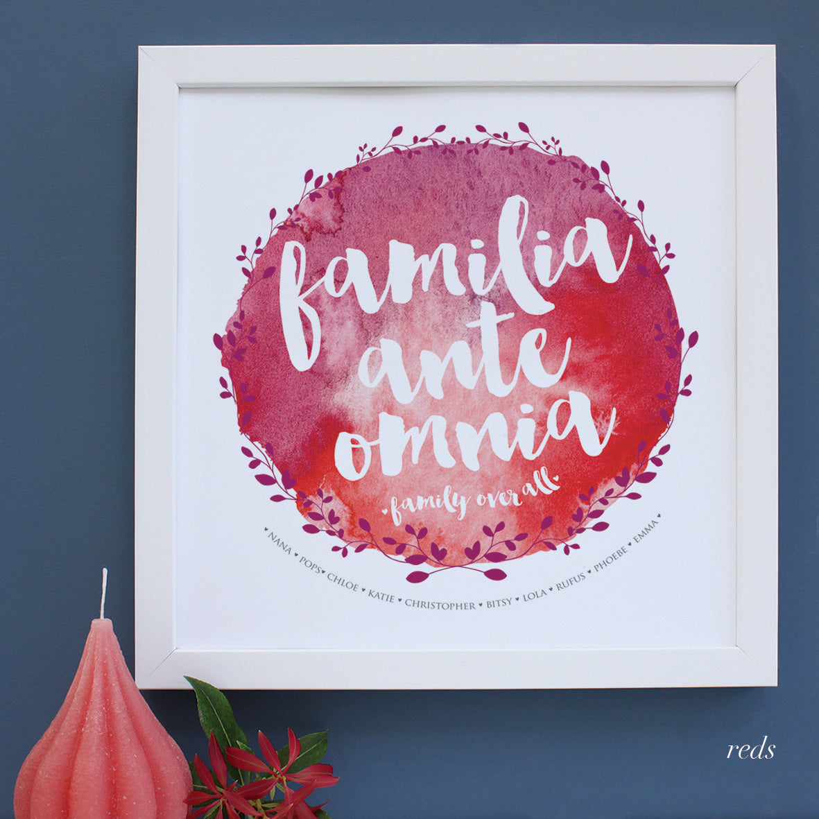 personalised reds watercolour family tree, white frame