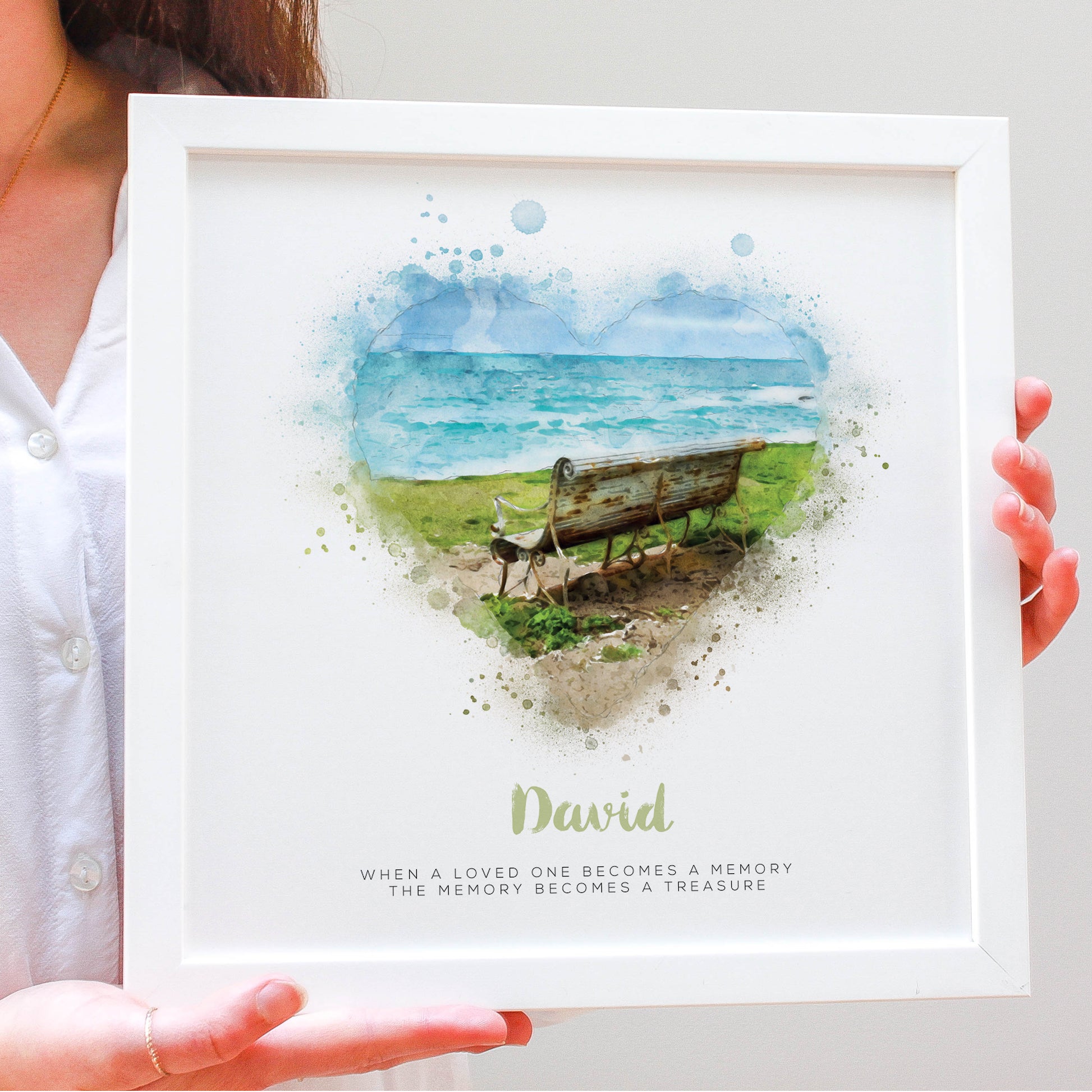 Memorial watercolour drawing showing a favourite place in a white frame