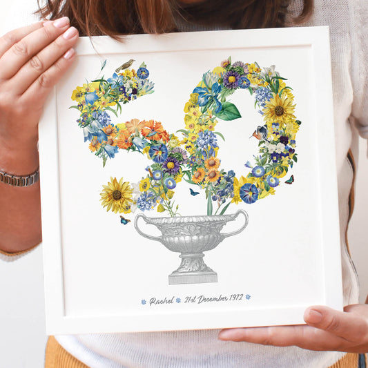 floral 50th birthday in a white frame