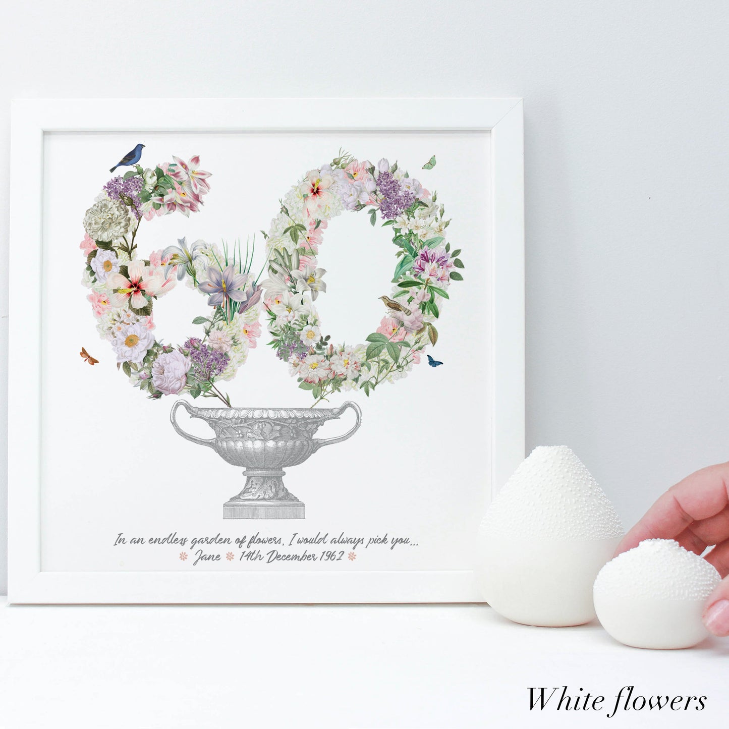 60th birthday gift in white flowers in a white frame