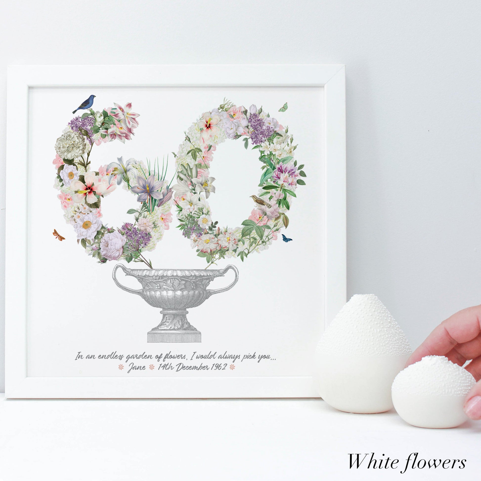 60th birthday gift in white flowers in a white frame