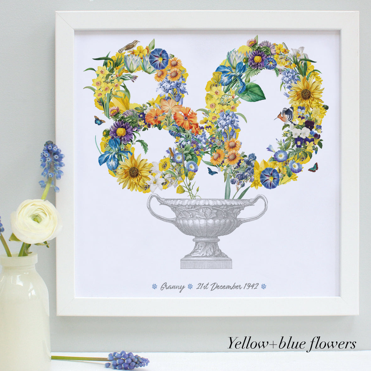 80th birthday number in yellow and blue flowers in a white frame