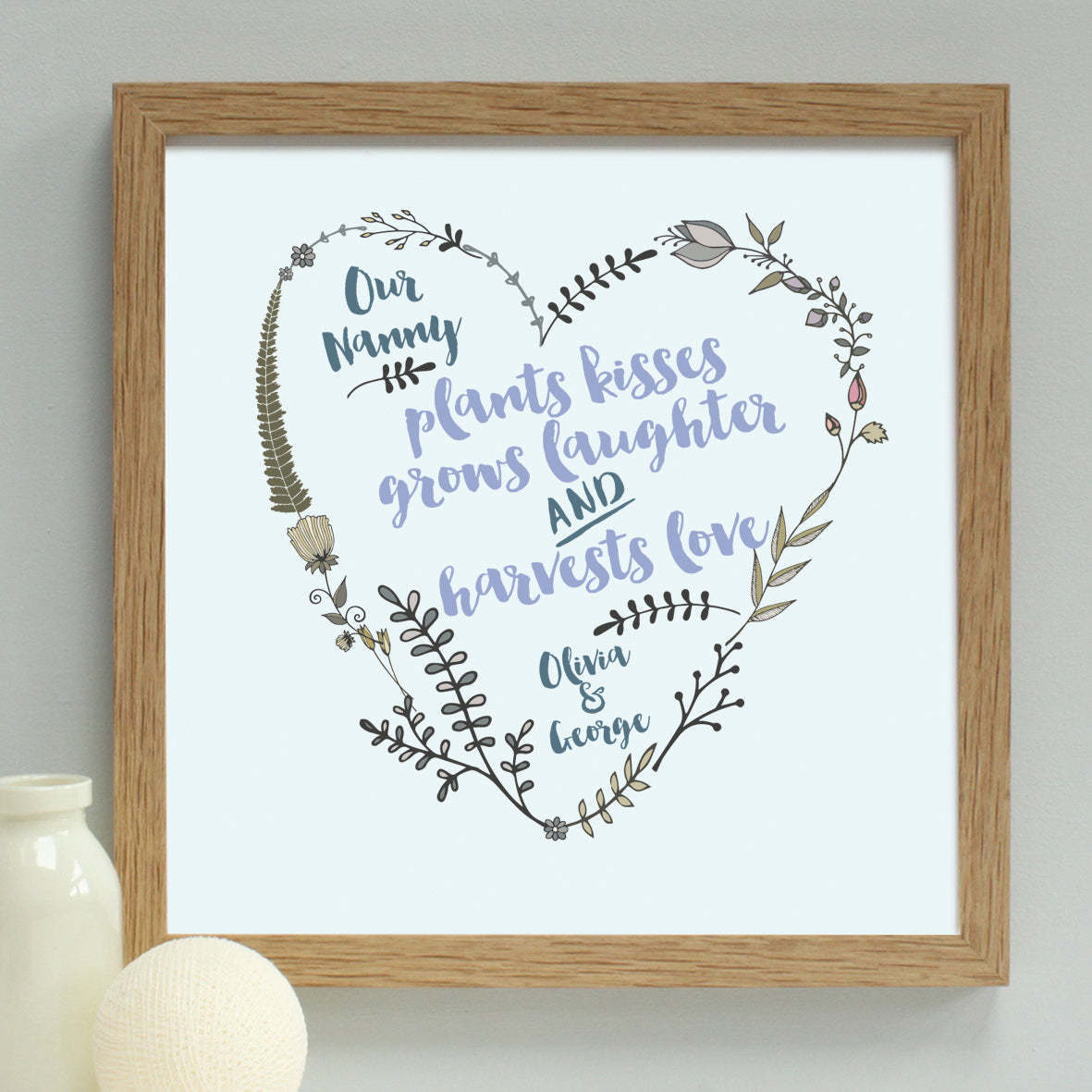 personalised grandmother garden heart, oak frame