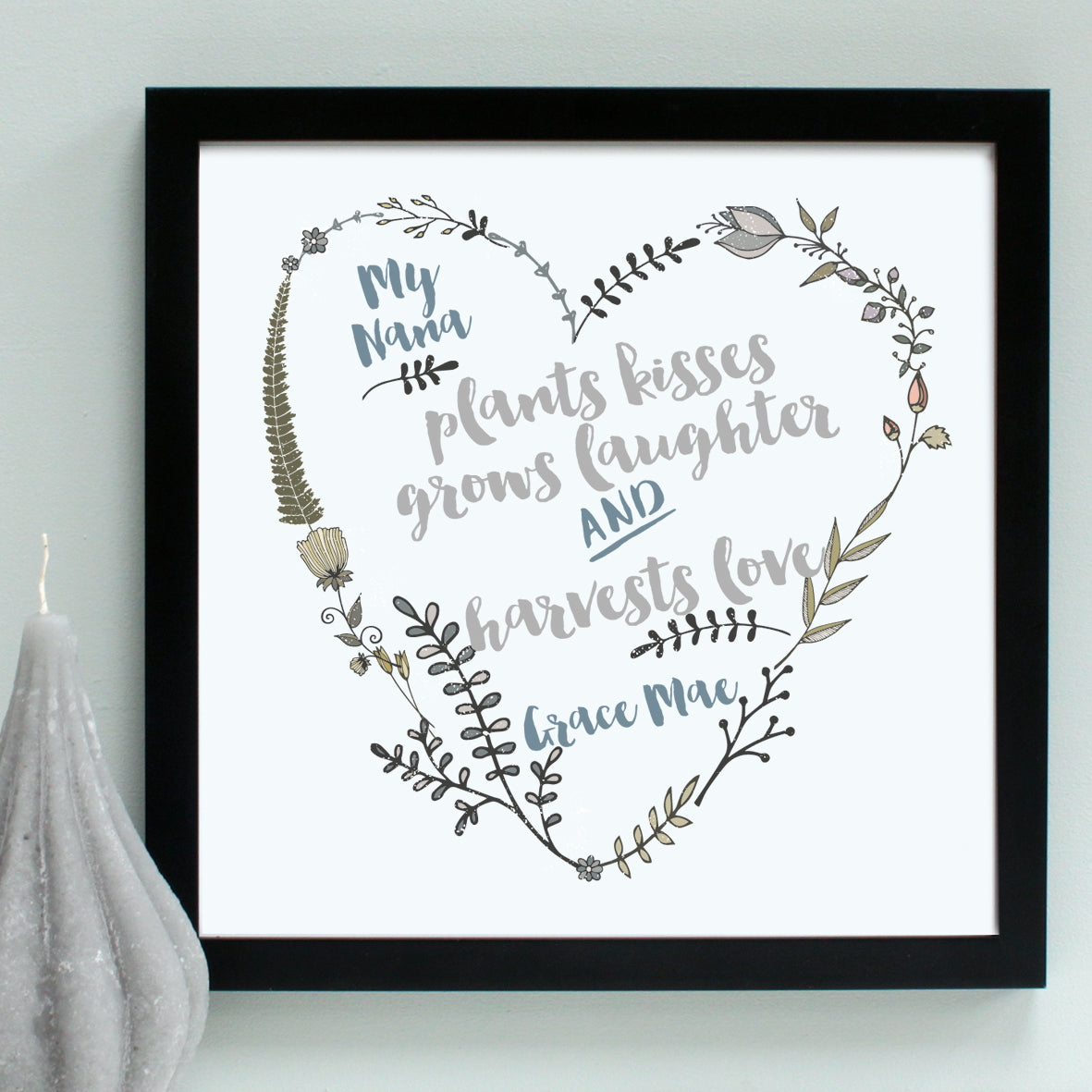 personalised grandmother garden heart, black frame