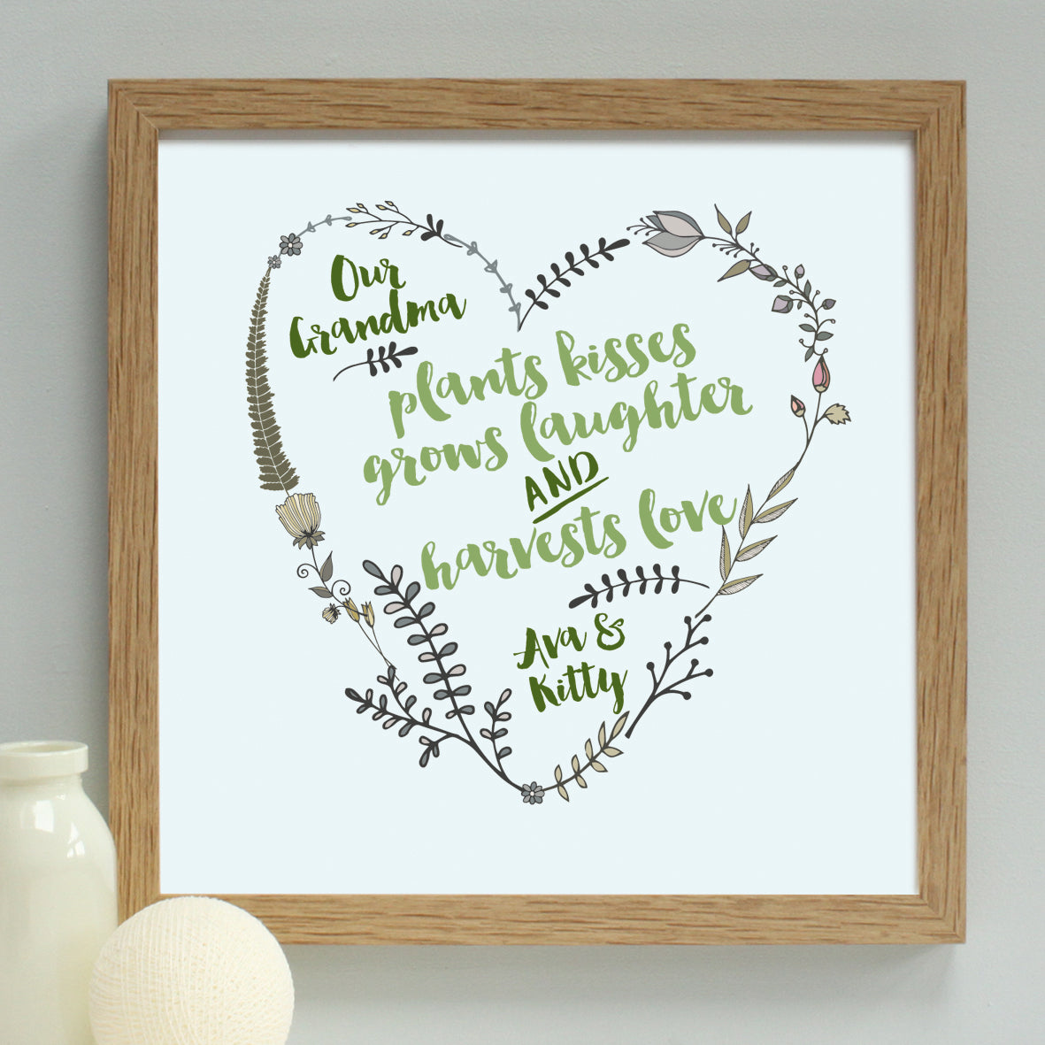 personalised grandmother garden heart, oak frame