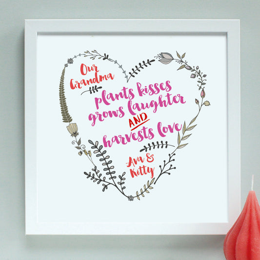 personalised grandmother garden heart, white frame