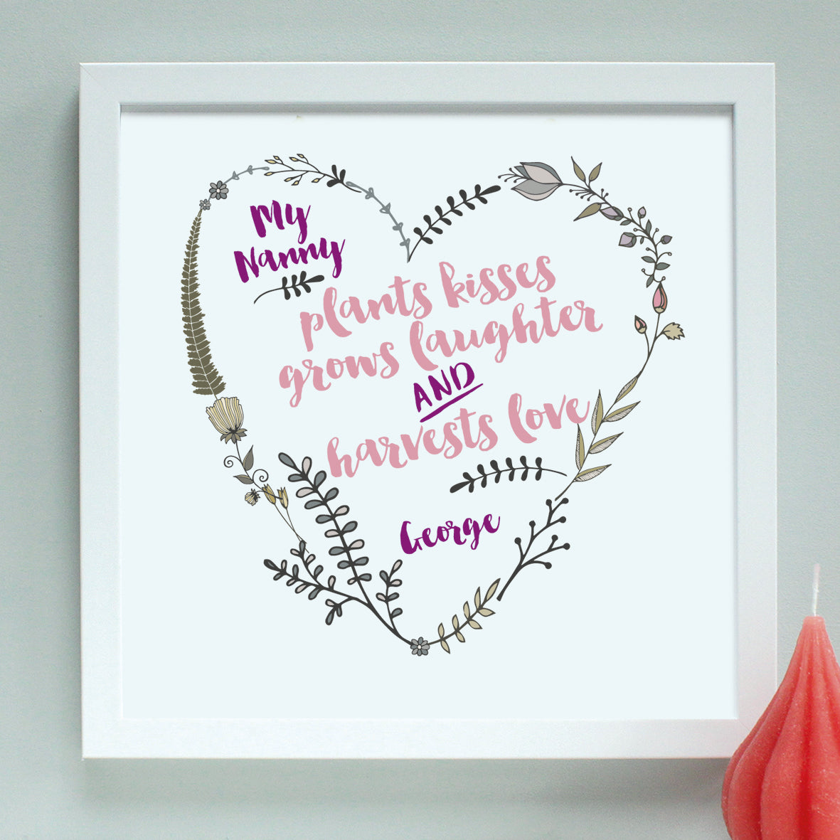 personalised grandmother garden heart, white frame