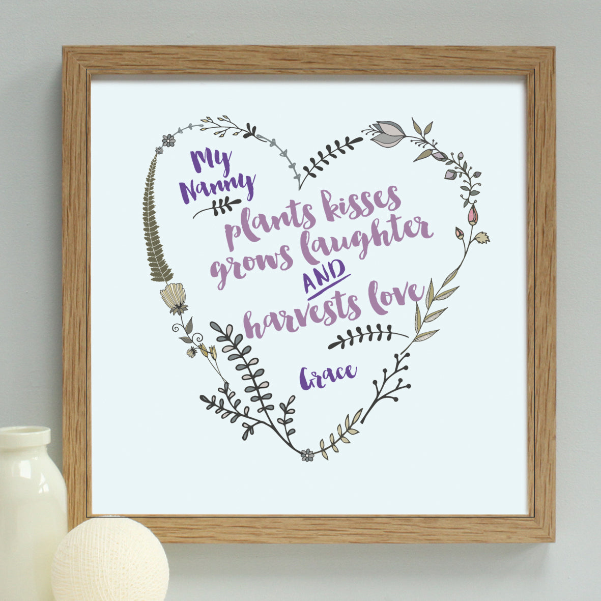 personalised grandmother garden heart, oak frame