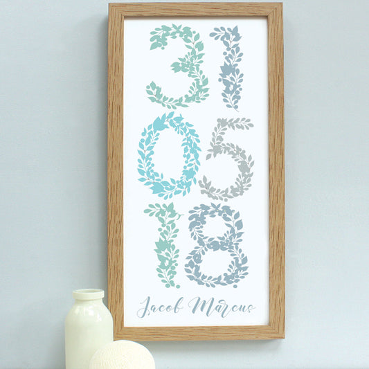personalised new baby foliage dates print, soft blues